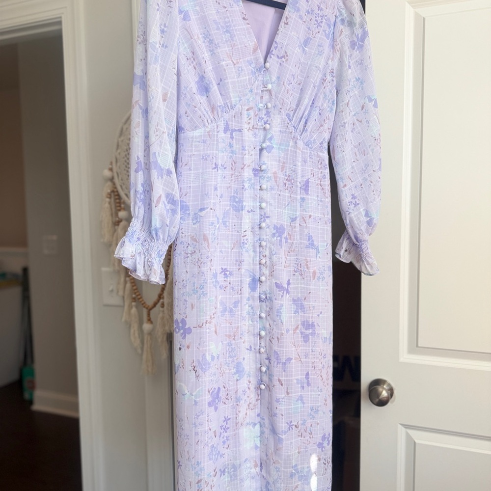 Lavender Floral Midi Dress with Button Front